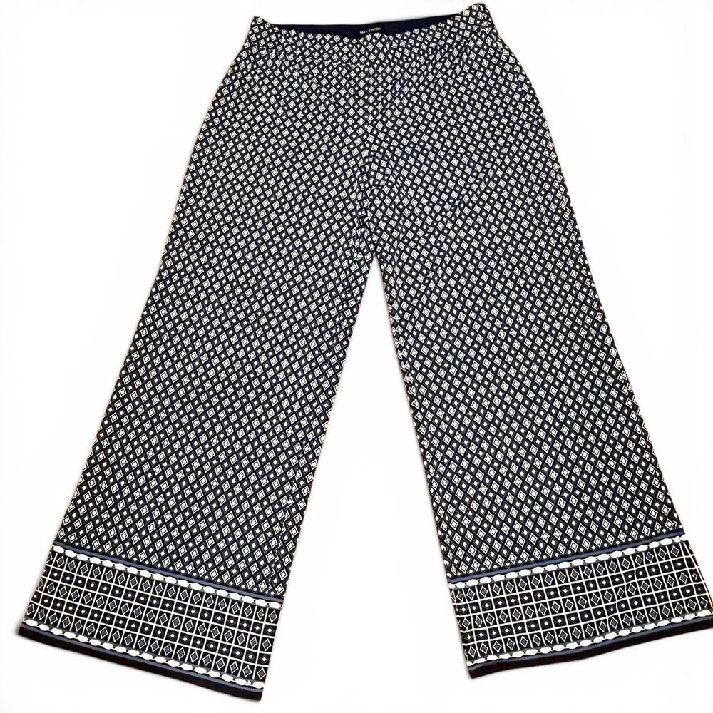 Max Studio Blue White Palazzo Wide Leg Pants Geometric Print Sz XL Stretch EUC